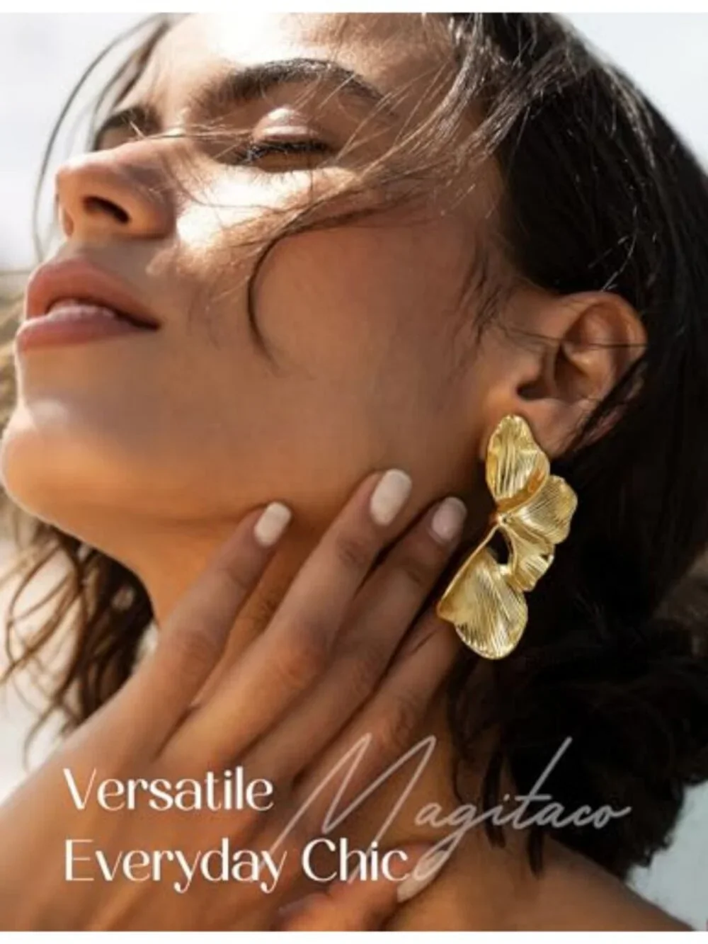 Large Lightweight Dangle Earrings for Women Floral Petal Design 14K Gold Plated